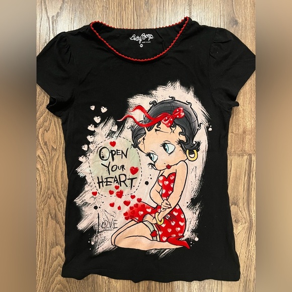 Vtg. Betty Boop "Open Your Heart" Black Short Sleeve Shirr Bow Medium EUC - Picture 1 of 3